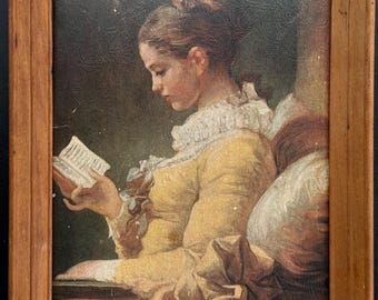 Vintage Framed Fragonard Print Young Girl Reading The Reader DAC NY Mid Century Textured Lithograph Wood Frame Dark Academia Cottagecore Art