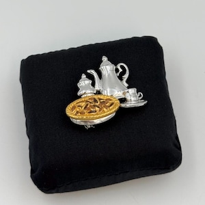 Vintage Danecraft Tea Party Brooch Pin, Two Tone Silver and Gold Afternoon Tea Coffee Pot Teacup Pecan Pie Crust Figural Costume Jewelry