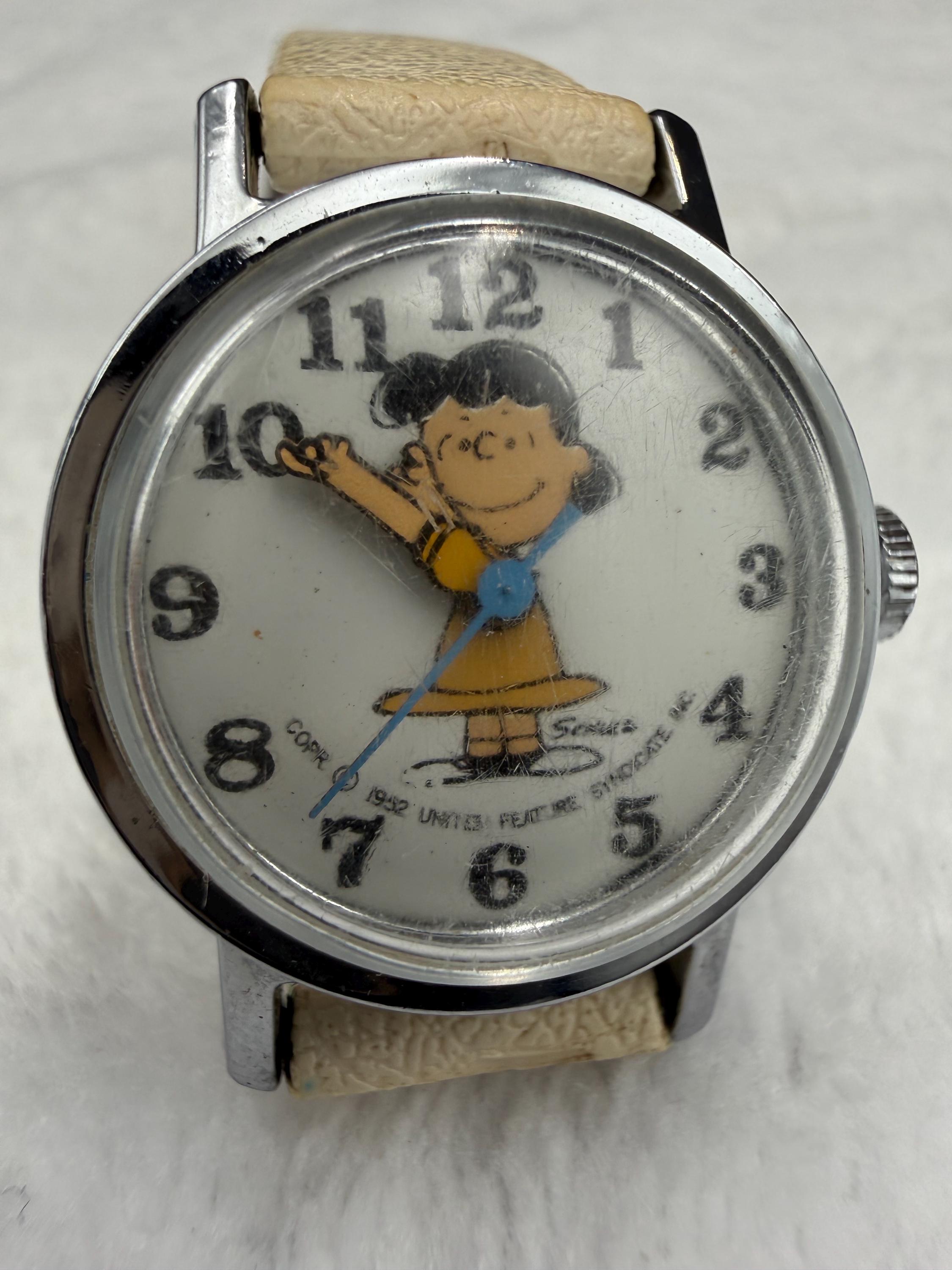 Vintage Lucy From Peanuts Mechanical Wrist Watch Leather Hobo Band Not Running File:Vintage Lucy Peanuts Character Watch, Mechanical Wind  main image 4