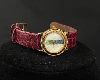 Vintage Relic by Fossil Mother of Pearl Watch Red Genuine Leather Strap Gold Tone Roman Numeral Bezel Women’s Wristwatch
