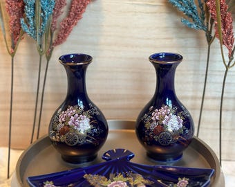 Vintage Pair of Kutani Cobalt Blue Porcelain Bud Vases with fan shaped dish | Set of Three | 2 Mini Vases | 1 Fan Shaped Floral Dish