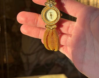 Vintage Gold Mesh Bracelet Watch Rhinestone Bezel | Ornate Baroque Statement Jewelry Watch | Untested Quartz