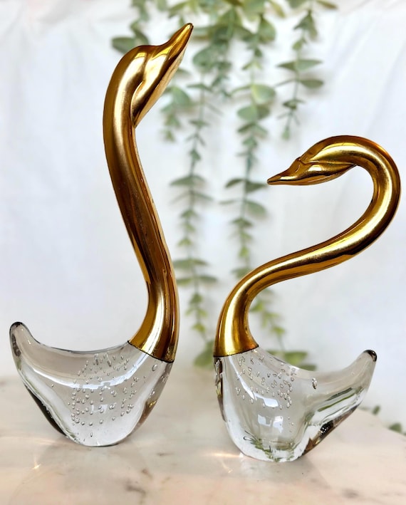 Set of 2 Vintage 1960s Murano Brass and Glass Gold Swan Set | Art 