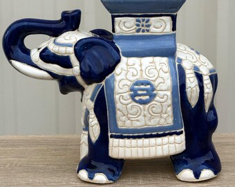 Vintage Chinoiserie Blue and White Ceramic Elephant Garden Plant