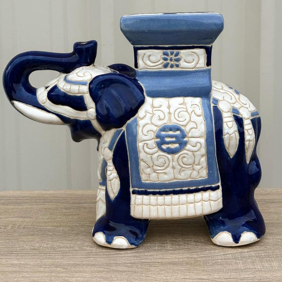 Vintage Chinoiserie Blue and White Ceramic Elephant Garden Plant