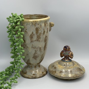 Vintage Lidded Hand Painted Pottery Vase Cloisonné Lid Detail Handle Topper | Earth Toned Flower Boquet Display Vase | Table Centerpiece