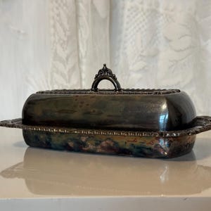Vintage Pilgrim Silverplate Covered Butter Dish with Ornate Trim | Mid-Century Elegant Tableware | Kitchen Home Deco Dish w/ Lid Unpolished