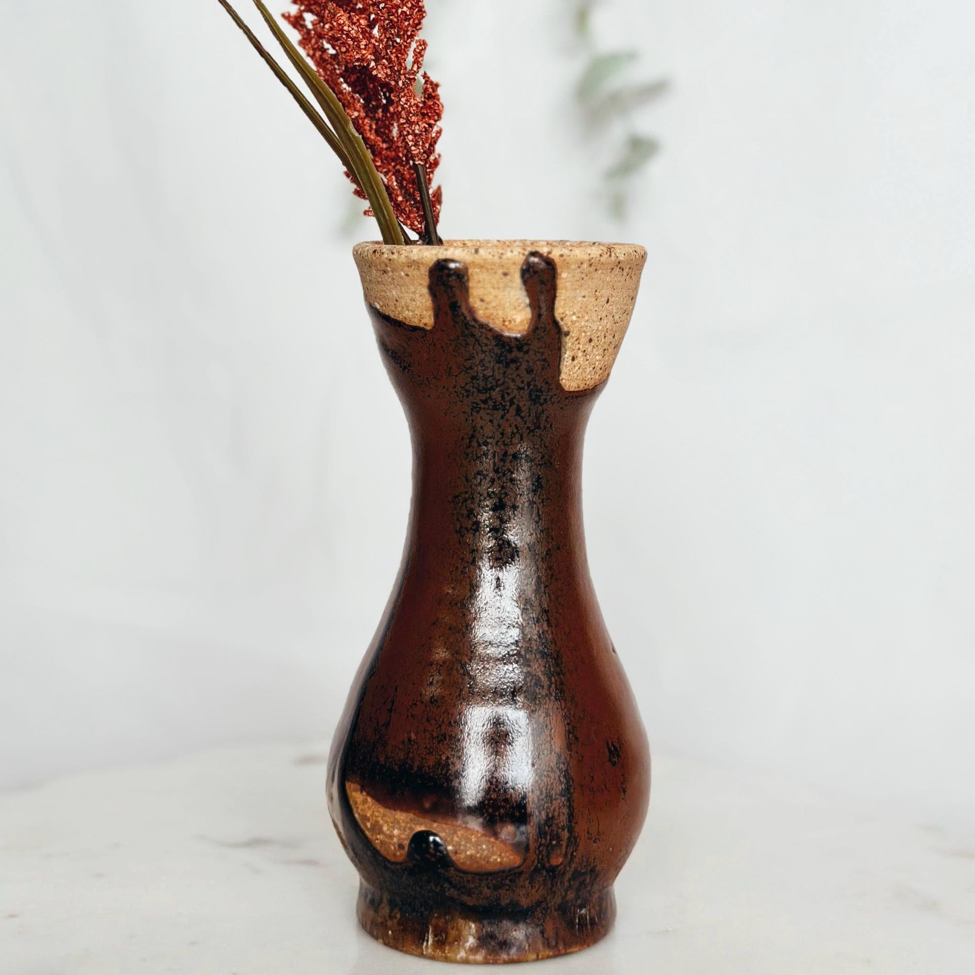 Handmade Textured Pottery Vase | Earth Toned Flower Display Centerpiece | Country Farmhouse Art Sculpture | Fall Home Decor Vintage | Accent