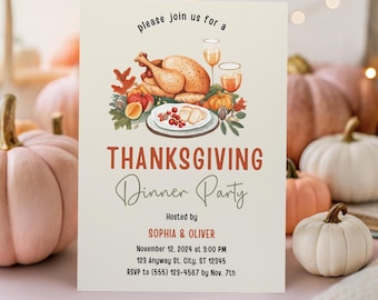 Invitación a la cena de Acción de Gracias / Invitación editable para fiesta de otoño / Plantilla imprimible para Acción de Gracias con amigos en otoño