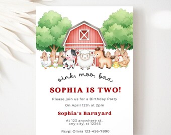 May include: A white invitation card with a farm theme. The card features a red barn, green trees, and cartoon farm animals. Text includes "oink, moo, baa" and "SOPHIA IS TWO!" with party details.