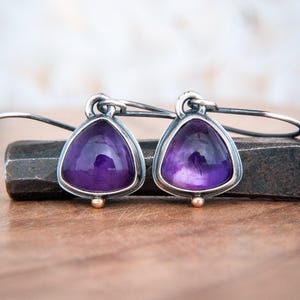 May include: A pair of dangle earrings featuring triangular, deep purple amethyst gemstones set in oxidized silver bezels. Each earring has a small gold-toned bead at the base and is suspended from a curved silver ear wire for a secure fit.
