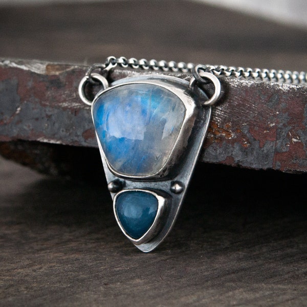 Arrowhead - Blue Flash Moonstone and Owyhee Blue Opal Pendant in Oxidised Sterling Silver Setting