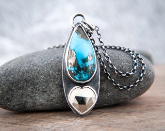 Natural Pyrite Turquoise Teardrop Pendant in Oxidised Sterling Silver Setting with Pyrite Heart