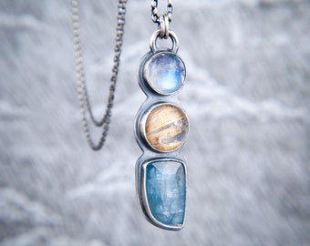 Sky - Triple Stone Pendant - Moonstone, Golden Rutile Quartz and Aqua Kyanite in Oxidised Sterling Silver