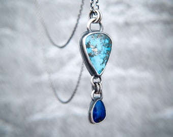 Lagoon - Turquoise and Lapis Duo Pendant in Hand Forged, Oxidised Sterling Silver