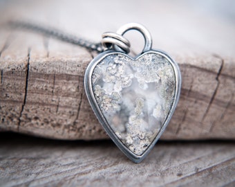 Moss Agate Heart Pendant in Oxidised Sterling Silver ~ Rockpool