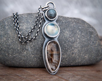 Mixed Stone Pendant in Hand Forged Sterling Silver - Labradorite, Rainbow Moonstone and Golden Rutile Quartz