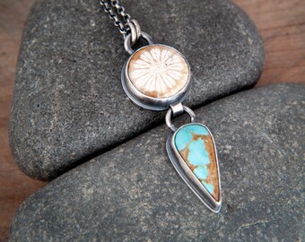 Fossil Coral and Turquoise Linked Duo Pendant in Oxidised, Hand Forged Sterling Silver