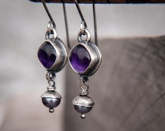 Amethyst Drop Earrings with Freshwater Pearls in Oxidised Sterling Silver