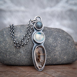 Mixed Stone Pendant in Hand Forged Sterling Silver Labradorite, Rainbow Moonstone and Golden Rutile Quartz image 1