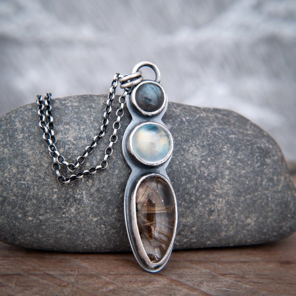 Mixed Stone Pendant in Hand Forged Sterling Silver - Labradorite, Rainbow Moonstone and Golden Rutile Quartz