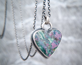 Monet ~ Ruby in Kyanite and Fuchsite ~ Oxidised Sterling Silver Hand Forged Heart
