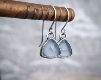 Ice - Natural Chalcedony Trillion and Sterling Silver Drop Earrings ~ Grey Blue Chalcedony Drop Earrings ~ Forged Oxidised Sterling Silver