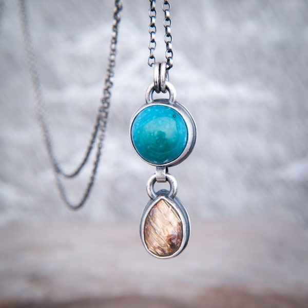 Turquoise and Gold Quartz Linked Duo Pendant in Oxidised, Hand Forged Sterling Silver