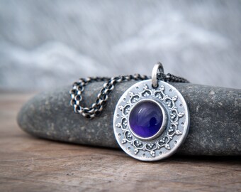 Mandala - Amethyst Disc Pendant with Lace Filigree ~ Oxidised Sterling Silver Mandala Pendant ~ Hand Forged Oxidised Silver Amulet