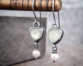 Prehnite Trillion Earrings with Freshwater Pearls ~ Oxidised Sterling Silver Earrings - Green Drop Earrings