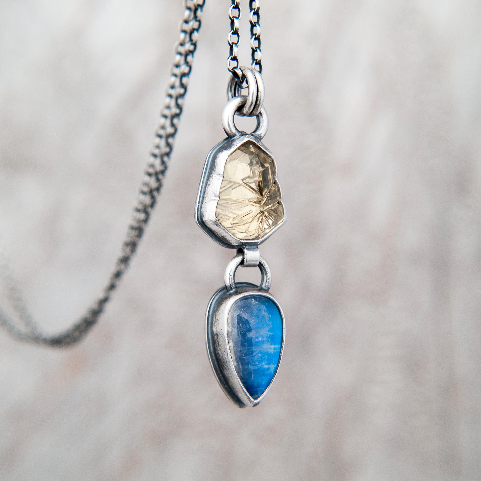Ice on Fire - Lemon Quartz and Moonstone in Oxidised Sterling Silver, Hand Forged Artisan Pendant