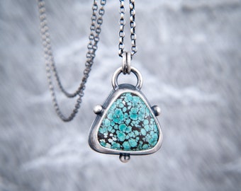 Turquoise Trillion Pendant in Oxidised Sterling Silver with Dot Accents ~ Hand Forged