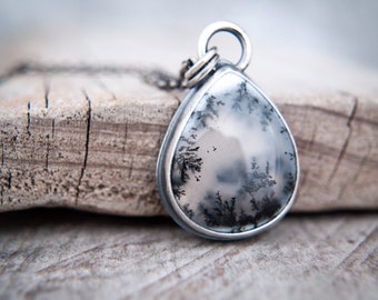 Dendritic Opal Teardrop Pendant in Oxidised Sterling Silver