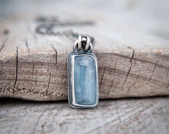 Aqua Kyanite Tile Pendant in Oxidised Sterling Silver ~ Rose Cut Faceted Aqua Kyanite Solitaire Pendant ~ Hand Forged Silver