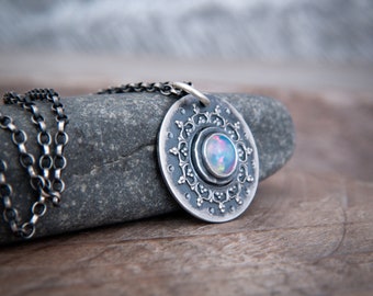 Mandala - Natural Opal Pendant with Lace Filigree ~ Oxidised Sterling Silver Mandala Disc Pendant