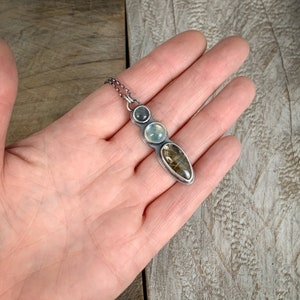 Mixed Stone Pendant in Hand Forged Sterling Silver Labradorite, Rainbow Moonstone and Golden Rutile Quartz image 5