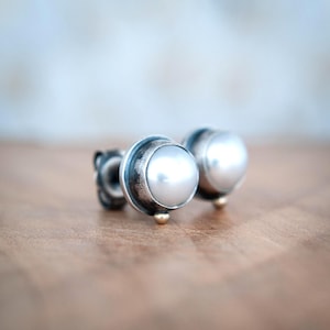Natural White Pearl Stud Earrings in Oxidised Sterling Silver with 14k Gold Accents