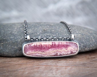 Rhodochrosite Bar Pendant in Oxidised Sterling Silver