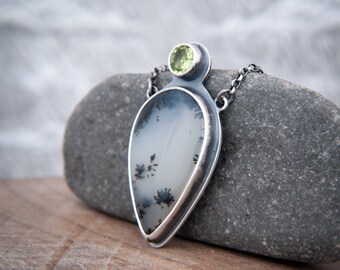 Dendritic Opal and Peridot in Hand Forged Oxidised Sterling Silver