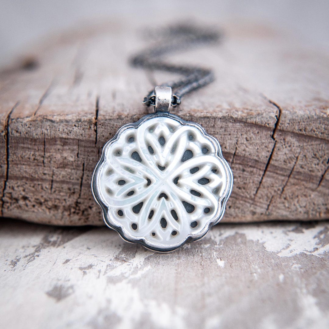 Carved Mother of Pearl Pendant: Hand Forged Sterling Silver Celtic Knot ...