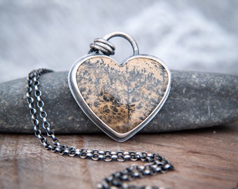 Picture Jasper Heart Pendant, Set in Oxidised Sterling Silver ~ Jasper Heart Pendant ~ Hand Forged Oxidised Silver Heart