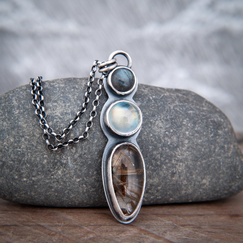 Mixed Stone Pendant in Hand Forged Sterling Silver Labradorite, Rainbow Moonstone and Golden Rutile Quartz image 1
