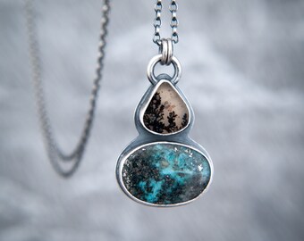 Lake - Dendritic Agate and Morenci Turquoise Pendant in Oxidised Sterling Silver Setting