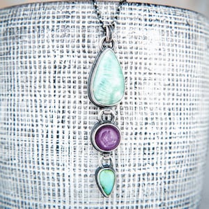 Calcite, Ruby and Turquoise Linear Drop Pendant in Oxidised Sterling Silver