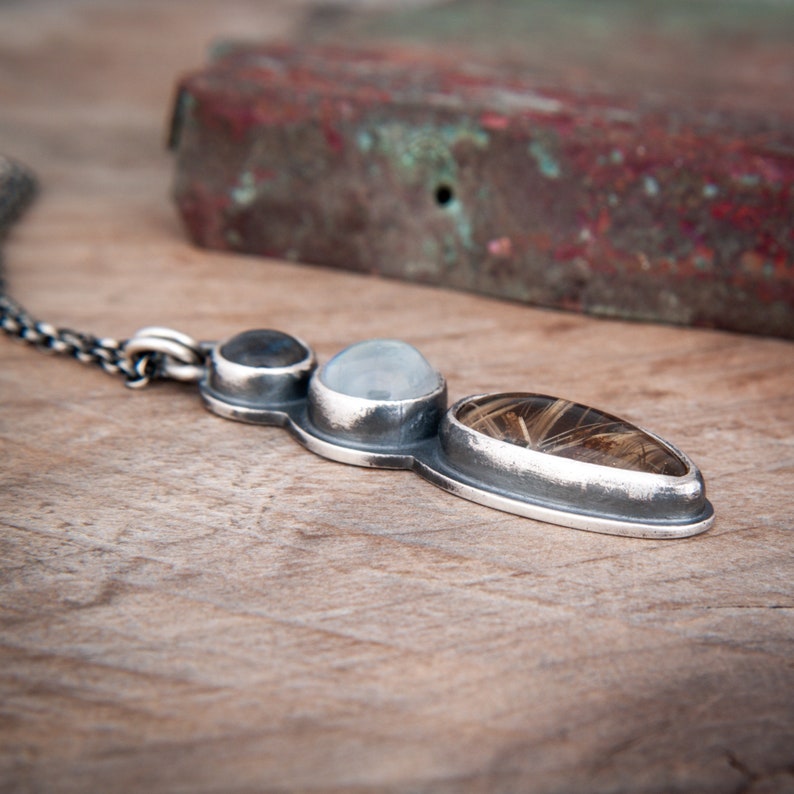 Mixed Stone Pendant in Hand Forged Sterling Silver Labradorite, Rainbow Moonstone and Golden Rutile Quartz image 4