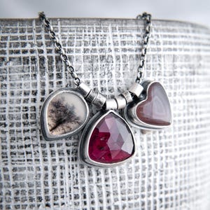 Oxidized Sterling Silver Trio Pendant with Garnet, Dendritic and Botswana Agate
