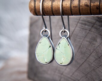 Green Turquoise Drop Earrings in Oxidised, Hand Forged Sterling Silver