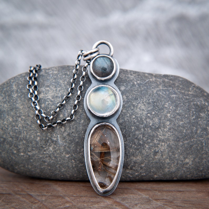 Mixed Stone Pendant in Hand Forged Sterling Silver Labradorite, Rainbow Moonstone and Golden Rutile Quartz image 2