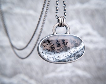 Dendritic Opal Pendant in Oxidised Sterling Silver ~ Winter Snow Pendant