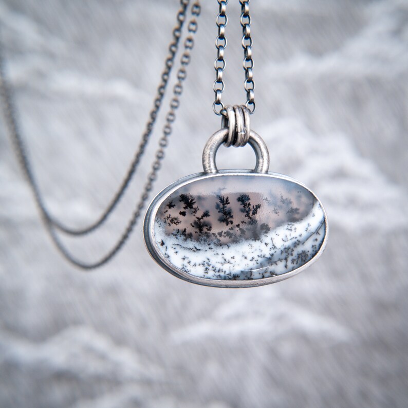 Dendritic Opal Pendant in Oxidised Sterling Silver Winter Snow Pendant image 2